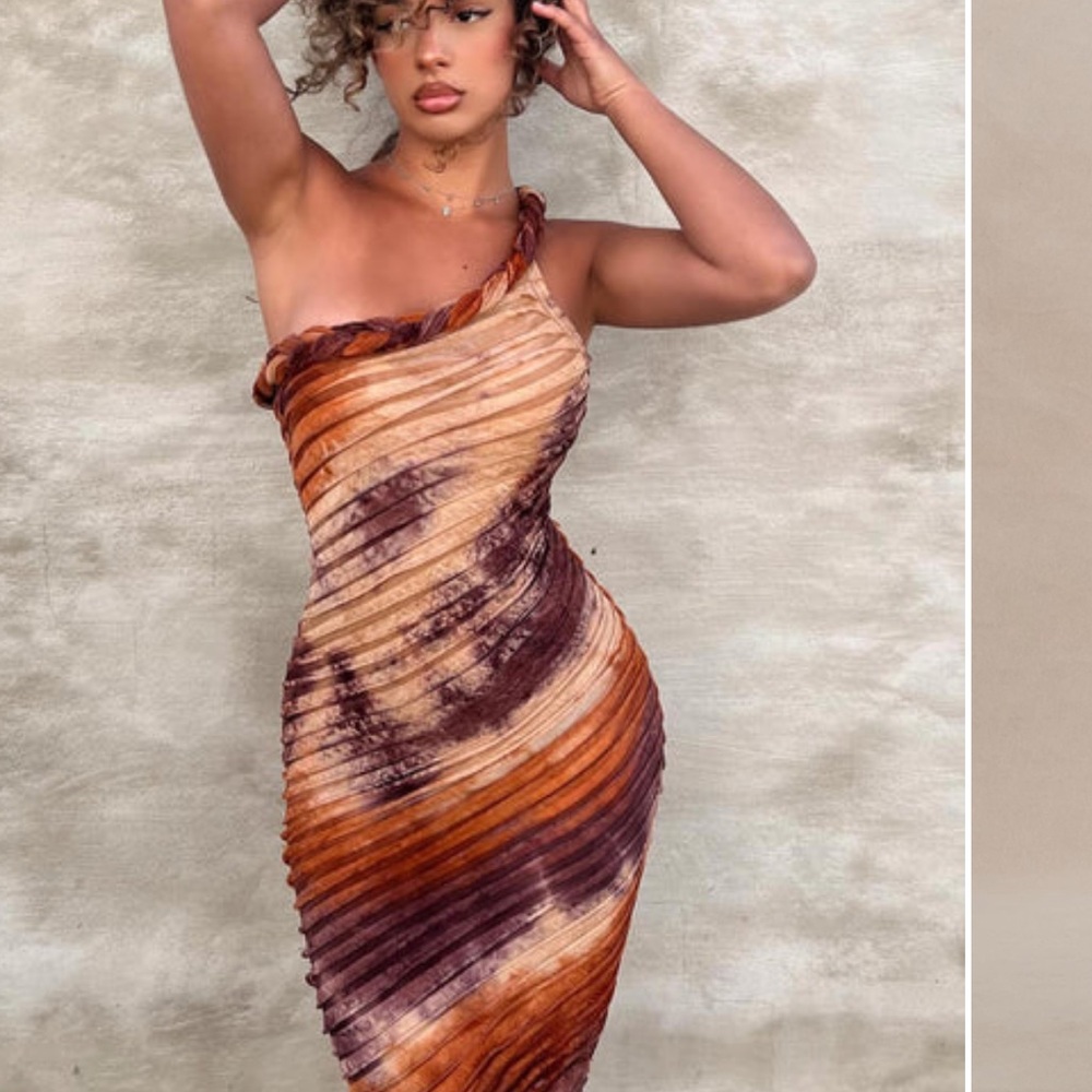 Fashion Nova Maylee One Shoulder Maxi Dress - Brown and Cream